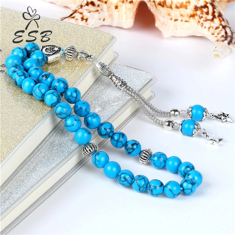 

ESB New Turkuaz Material Round Shape 33 Prayer Beads Islamic Muslim Jewelry Tasbih Masbaha Allah Rosary Necklace Tesbih 8MM