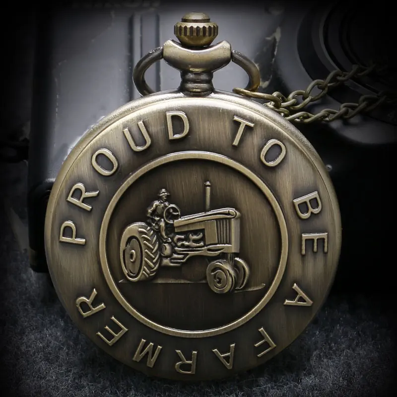 

High Quality Retro Bronze Harvester Theme Design "Proud To Be A Farmer" Words Fob Pocket Watch Men Women Best Gift