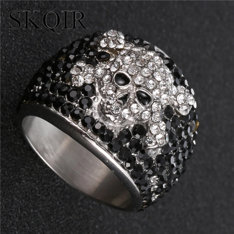 

SKQIR US Size 8-12 Skull Cubic Zirconia Rings for Men Hiphop/Rock Johnny Hallyday Stainless Steel Black White Birthstone Ring
