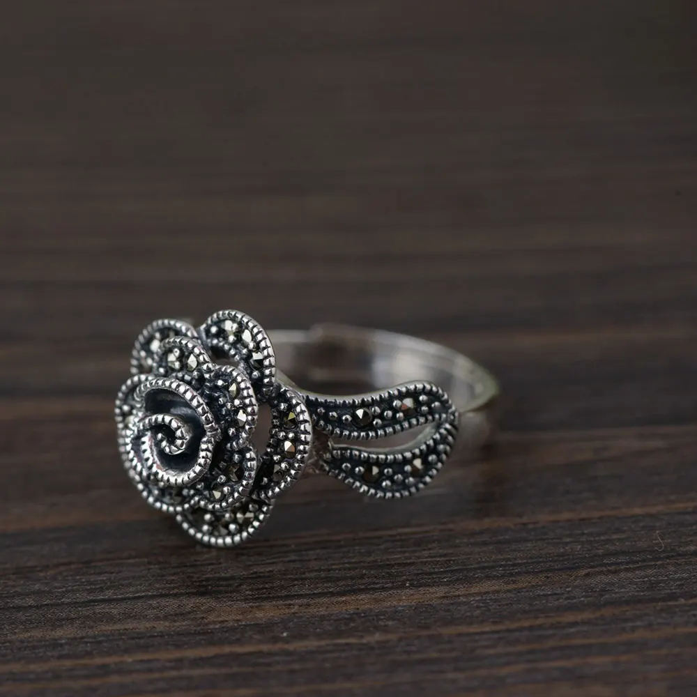 Женское кольцо из серебра 925 пробы с цветком розы|thai silver ring|rose flower ringrings for women |