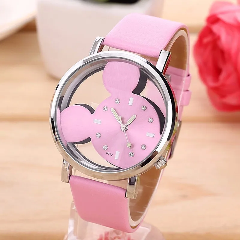 

Chasy Zhenskiye New Fashion Casual Mickey Women quartz Watches transparent hollow dial leather Wristwatches Women Bress Watch