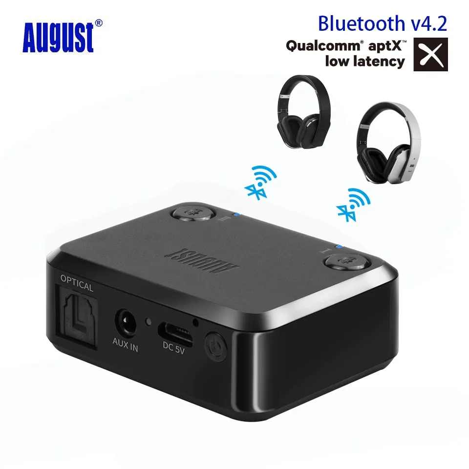 

August MR270 Optical Bluetooth 4.2 Transmitter aptX 3.5mm Aux RCA Dual Link Wireless Audio Music Adapter for TV Headphones PC
