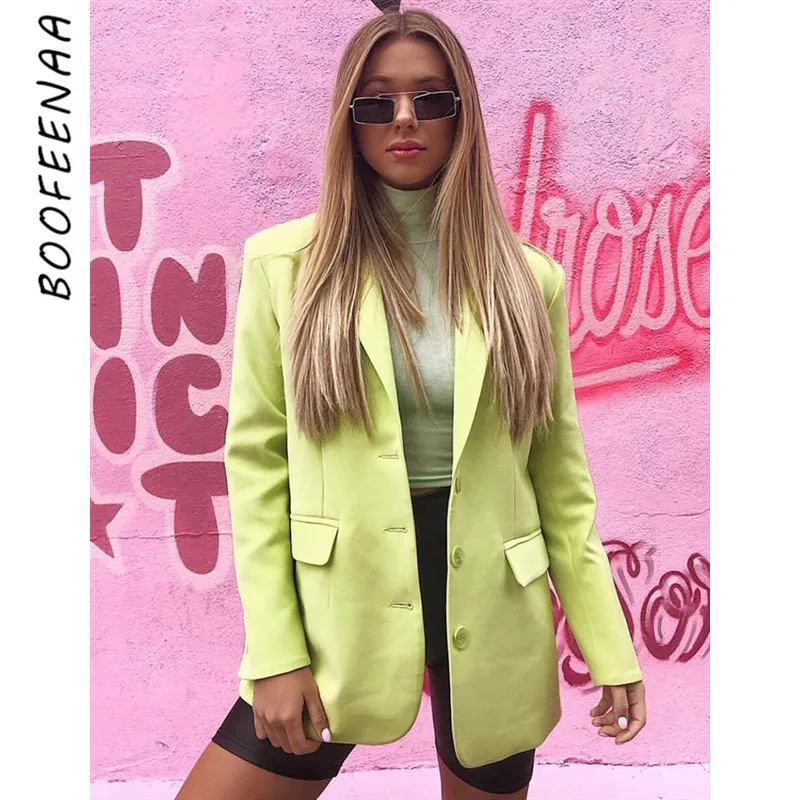 

BOOFEENAA Lime Green Women Blazers and Jackets Long Sleeve Fall 2019 Oversized Long Blazer Feminino Business Casual Coat C54AF45