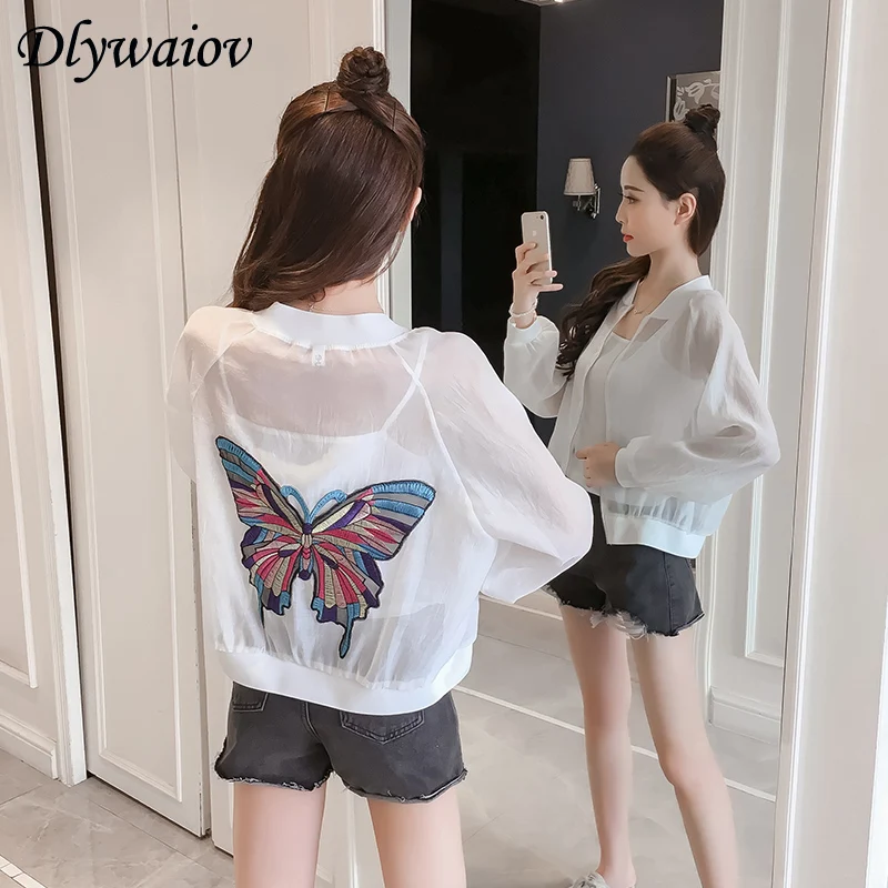 

Korean Butterfly Embroidery Jacket Women Short Sun Protection Female Long Sleeve Loose Tops 2019 Summer Femme Thin Shirt Spring