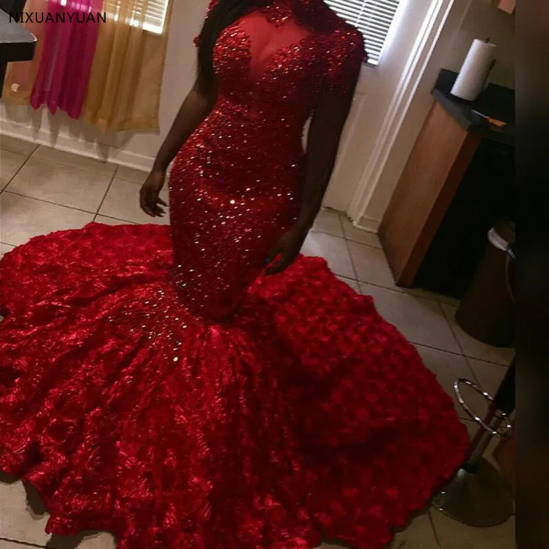 beautiful prom dresses Delicate Beads Red Prom Dresses Mermaid High Neck Long Sleeves 3D Floral Sweep Train Evening Gowns Plus Size Red Carpet Dresses orange prom dresses