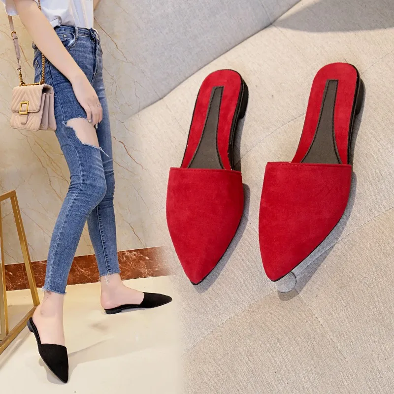 

2019 New Mules Pointed Toe Women Slippers Low Heel Summer Shoes Woman Slip On Solid Casual Slides Ladies Flip Flops XWT1880