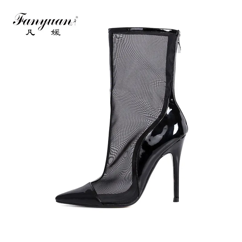 

Fanyuan fashion Mid calf boots women pointed toe thin high heels boots elegant genuine leather boots Mesh+ cow leather shoes
