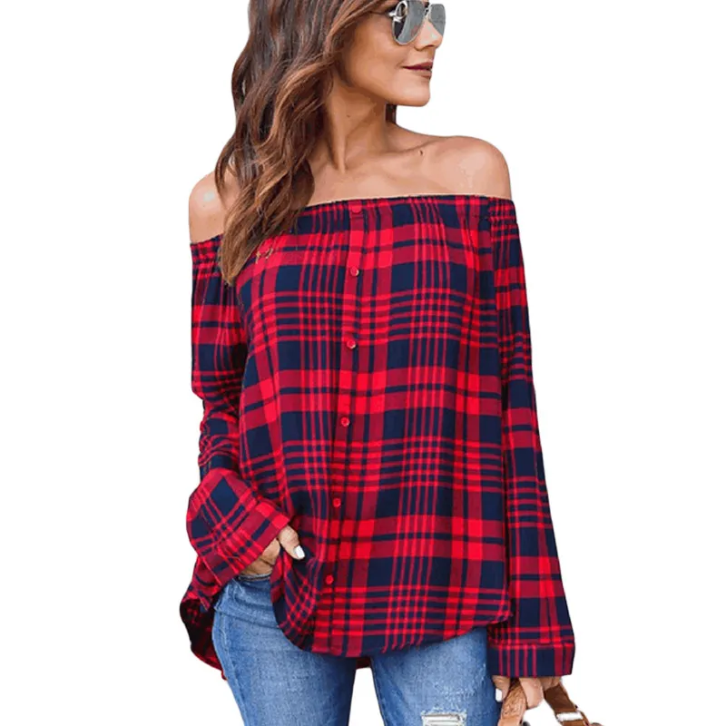 

Red Gray Fashion Sexy Slash Neck Shirts Blouses Lady Womens Casual Looses Tops Spring Autumn Long Sleeve Plaid Blusas Mujer XXL