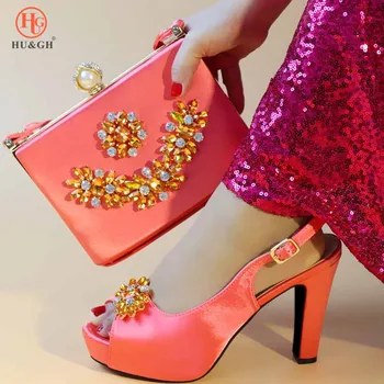 

2019 New Italian Style High Heels Peach Color African Shoe and Bag Set for Party In Women Italian Shoes with Matching Bag Sets