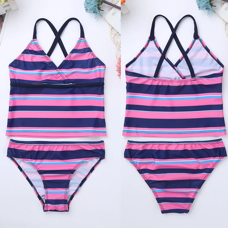 TiaoBug Kids Teens Tankini Spaghetti Straps Striped Swimsuit Swimwear Tops Bottoms Bikini Set Children Girls Beach Bathing Suits