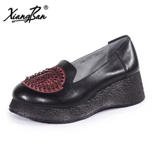 Xiangban Women Platform Shoes 2018 Spring Autumn Retro Genuine Leather Woman Casual Shoes Round Head