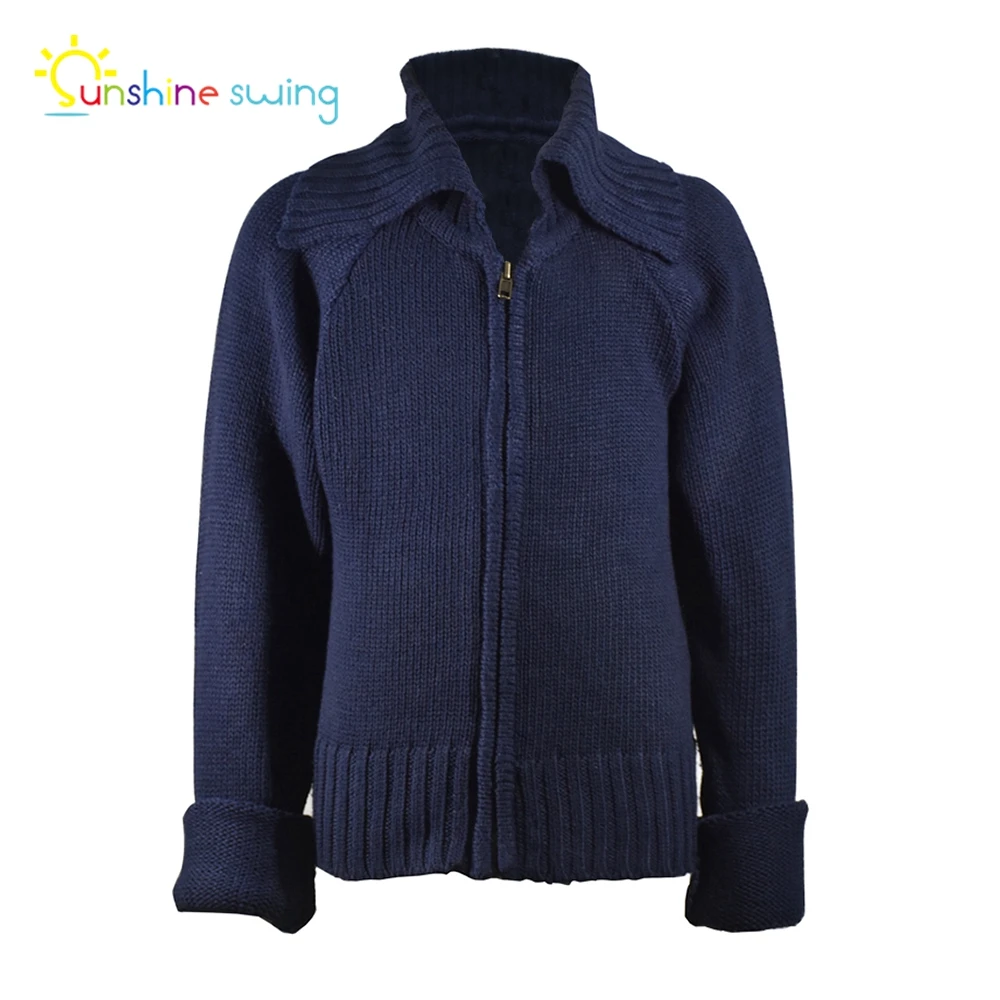 

Sunshine Swing Warm Autumn Kids Baby Boys Girls Solid Navy Blue Knitted Turn-down Collar Cardigan Casual Sweater 4T-14T Zipper