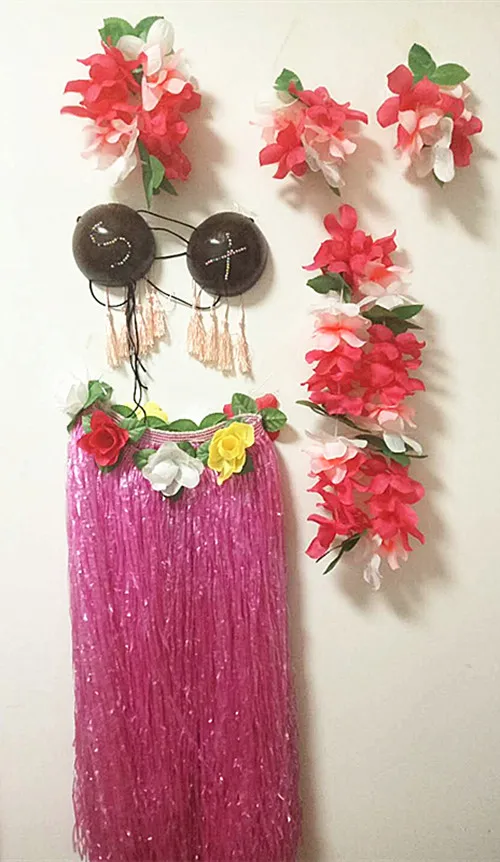 

6pcs/Set Women's Hawaiian Luau Elastic Grass Hula Skirt 80cm Pink coconut bra