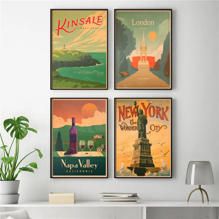 

Classic City Travel Poster Kraft Paper Vintage Bar Pub Cafe Home Decoration Hand Drawing Retro Painting Wall Sticker42x30cm