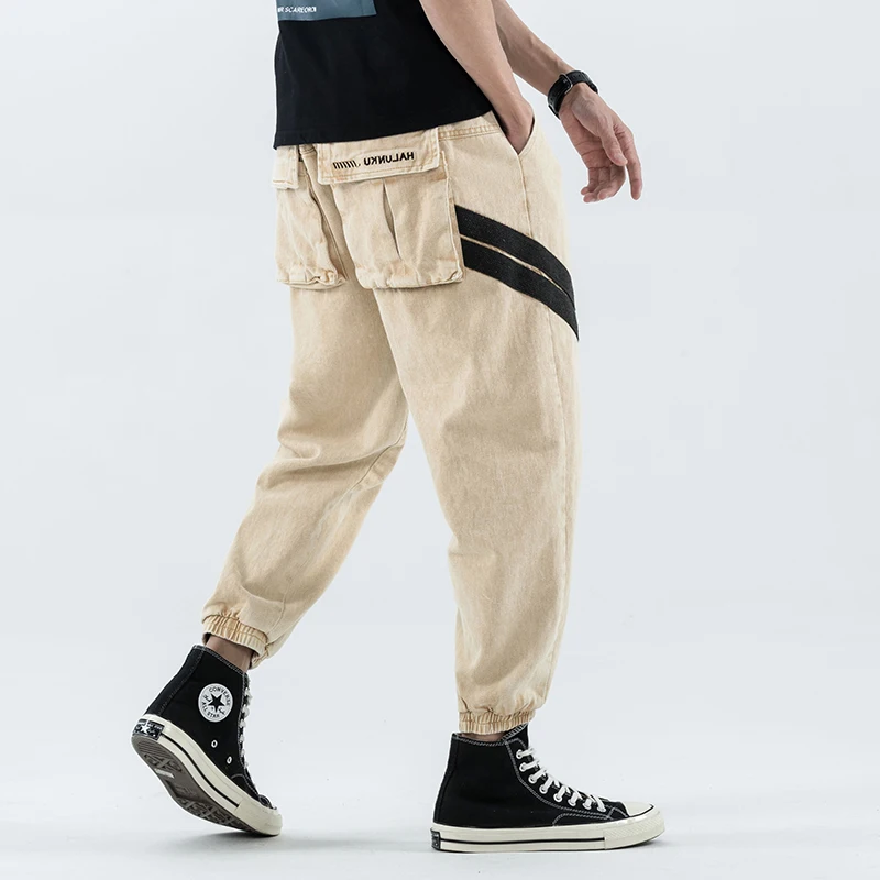 Новые модные стрейч диагональные полосы мешковатые джинсы мужские Trousres свободные шаровары мужские хлопковые удобные хип-хоп джинсовые брюки - Цвет: Хаки