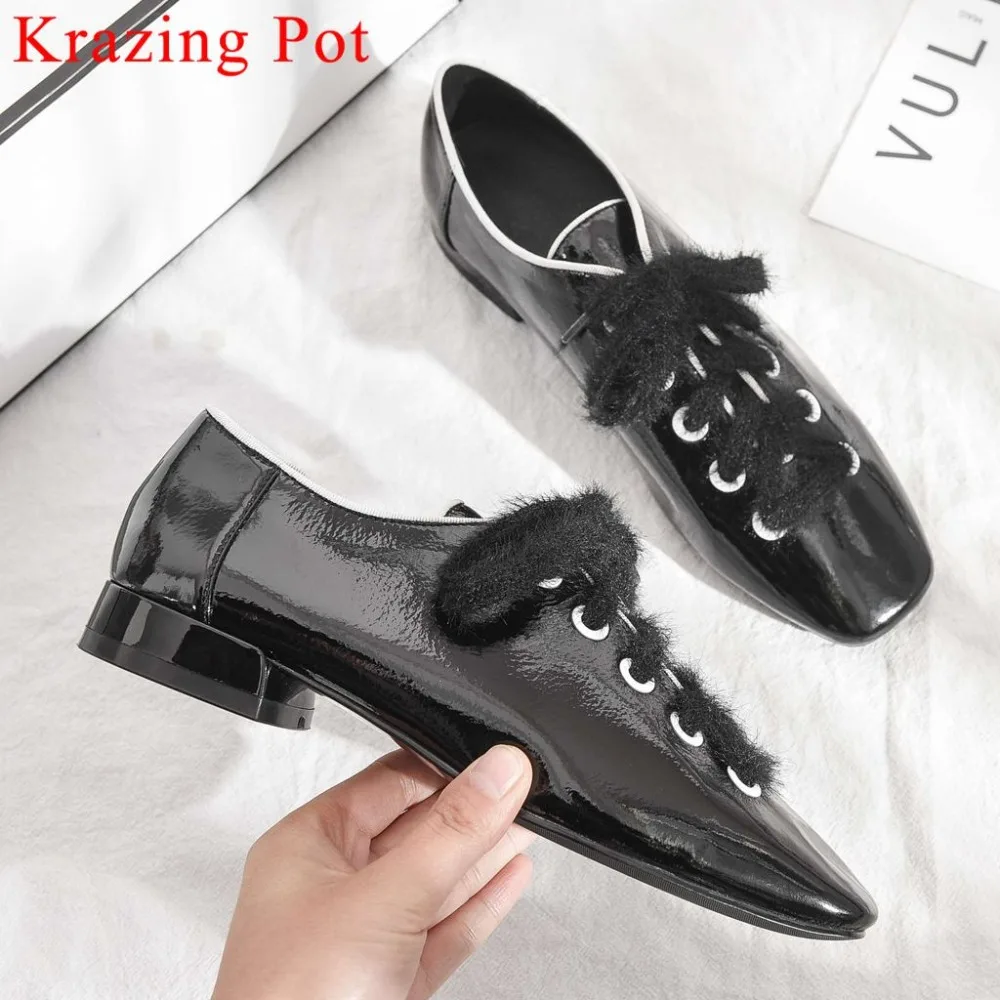 

2019 woman full grain leather low heels pumps sweet girls lace up driving shoes vintage British style square toe casual shoe La5