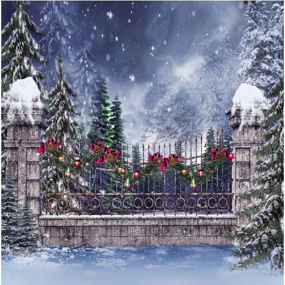 

Falling Snowflakes Christmas Snow Backdrop Vinyl Printed Stone Pillars Iron Fence Pine Trees Children Winter Scenic Backgrounds