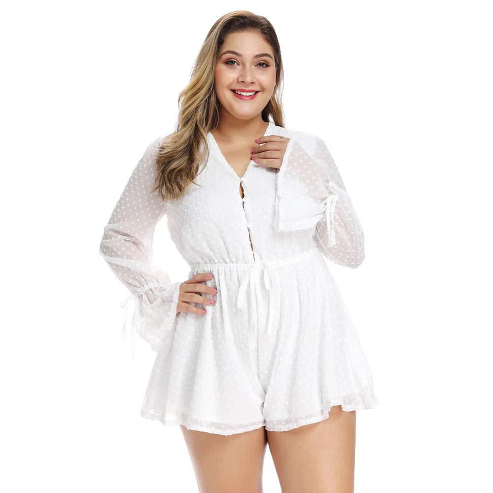 Plus Size XL-4XL Polka Dot Flare Long Sleeve Bohemian Playsuit Pink White Summer OverallsFor Women Lace Up Short Jumpsuit Romper Plus Size XL-4XL Polka Dot Flare Long Sleeve Bohemian Playsuit Pink White Summer OverallsFor Women Lace Up Short Jumpsuit Romper
