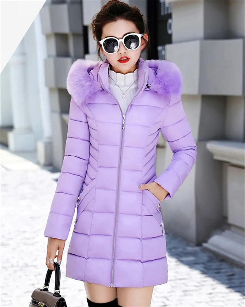 Зимняя женская длинная куртка, зимнее пальто для женщин, воротник из искусственного меха, теплая Женская парка, верхняя одежда, пуховик, зимняя куртка, Женское пальто, N204 - Цвет: Violet