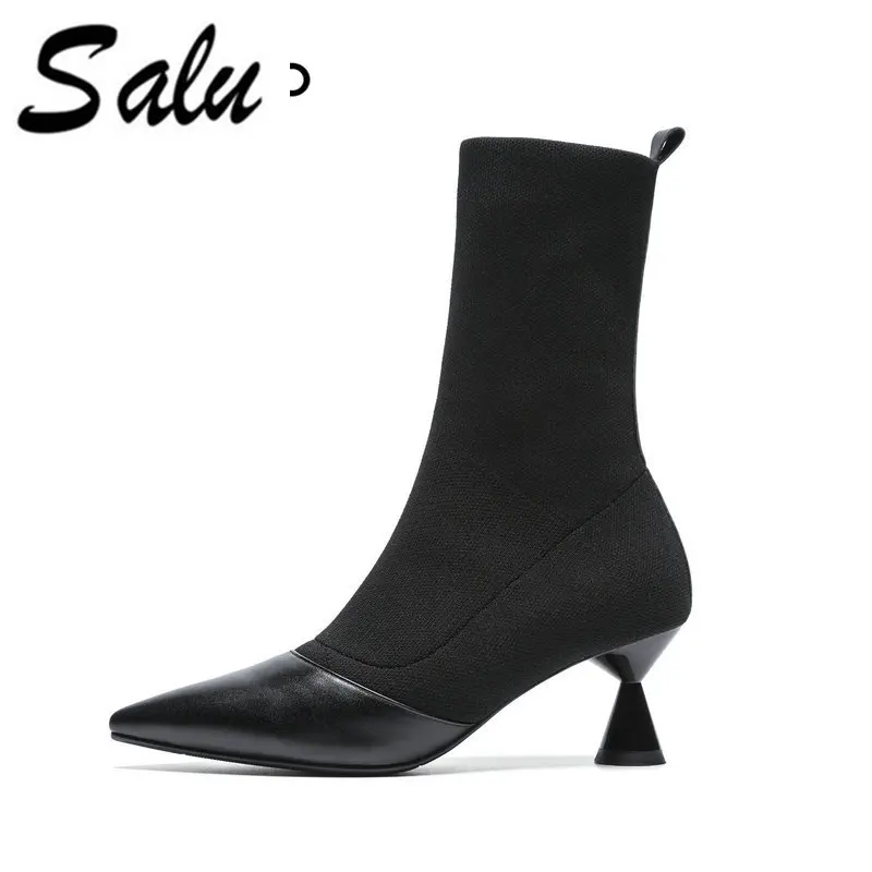 

Salu 2018 new Women Ankle Boots Genuine Leather Women Shoes Pointed Toe Winter Shoes Ladies Motorcycle Boots