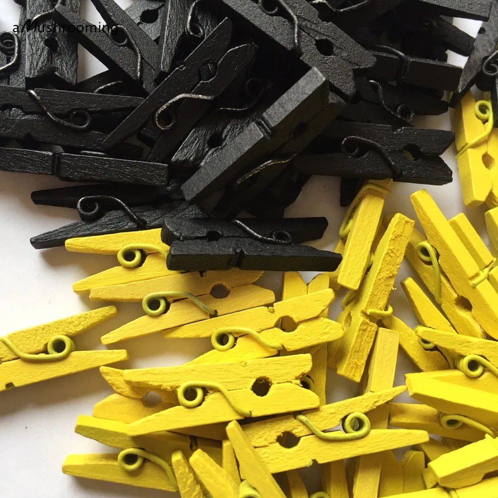 X50 Bumble Bee Party Decor Mini Wooden Clothespins Black Yellow