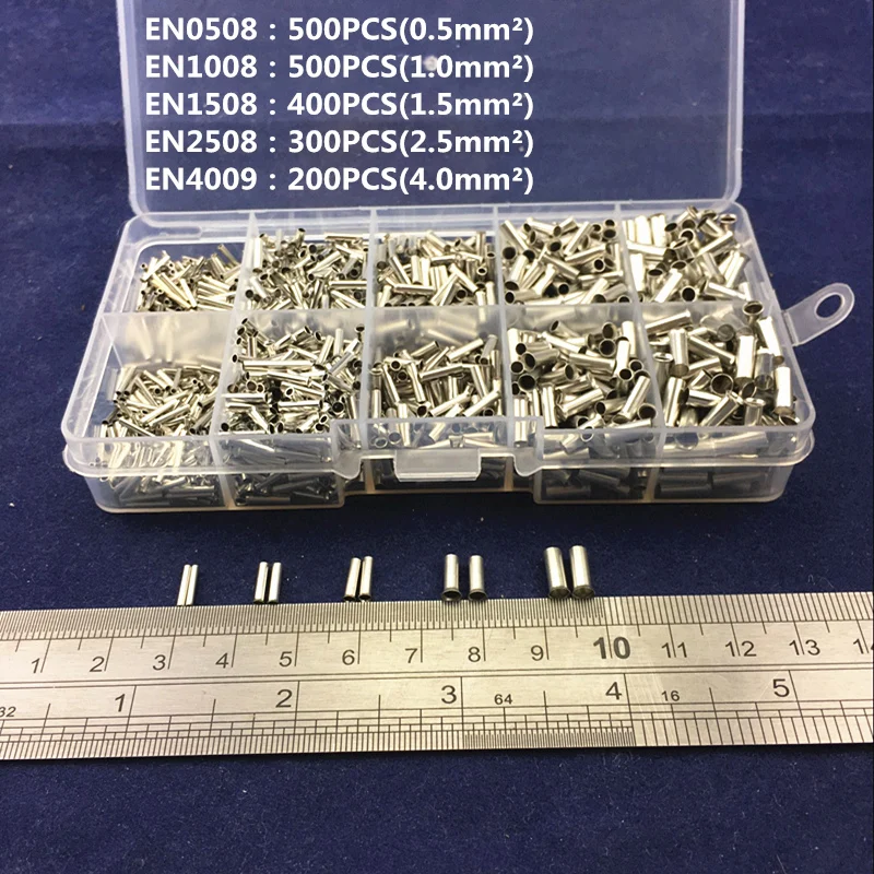 Goede 1900 stks set Buis vormige Kale Koper Crimp Draad Connector Cord Pin End Uninsulation Terminal 0.5mm 0.75mm 1.0mm 1.5mm 4.0mm