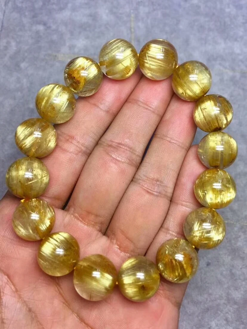 Genuine Brazil Natural Gold Rutilated Titanium Quartz Bracelet For Women Men Crystal Stretch 14mm Round Bead Certificate AAAAA (1)