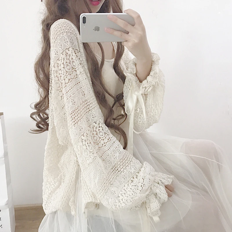 

Summer Women Shirt Japanese Style Mori Girl Sweet Bow Lacing Hollow out Lace Cardigan Blouse Kawaii Lolita Princess Shirt Tops