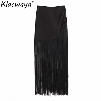 

Klacwaya women black tassel long skirts 2019 summer ladies fashion stylish high waist skirt party girls faldas street-wear chic