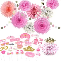Розовая девочка Baby Shower украшения Photo Booth Реквизит бумага вентиляторы Корона тканевый помпон 1st день рождения поставки набор из 11