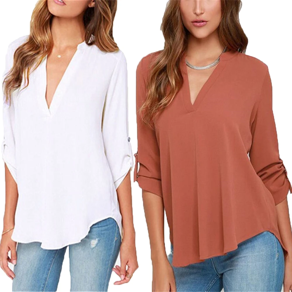 Blusas Femininas, новинка, Женская однотонная шифоновая блузка с v образным вырезом, топы, сексуальная модная OL рубашка с длинным рукавом, блузки, 6 цветов|Блузки и рубашки| | АлиЭкспресс