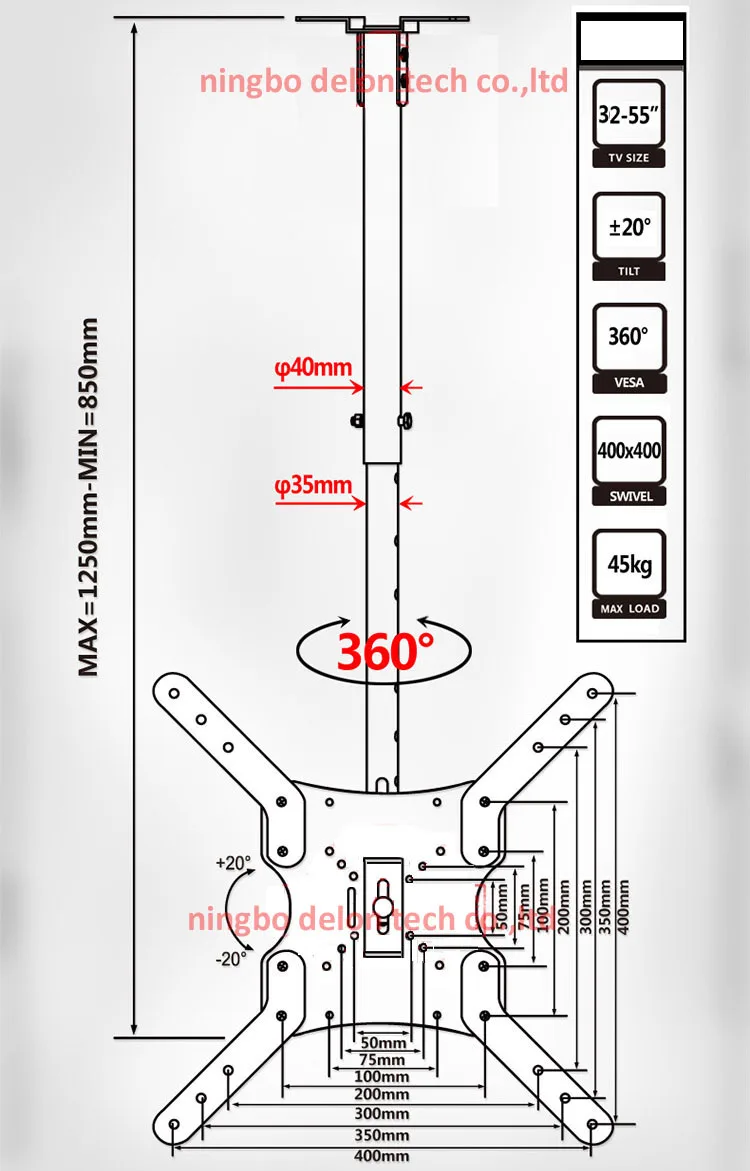 Inclinação para Cima para Baixo Suporte de Teto Polegada 50 15 tv Lcd Led Suporte Plasma dl Dlc-201al Aço 400x400 46 - Image 4