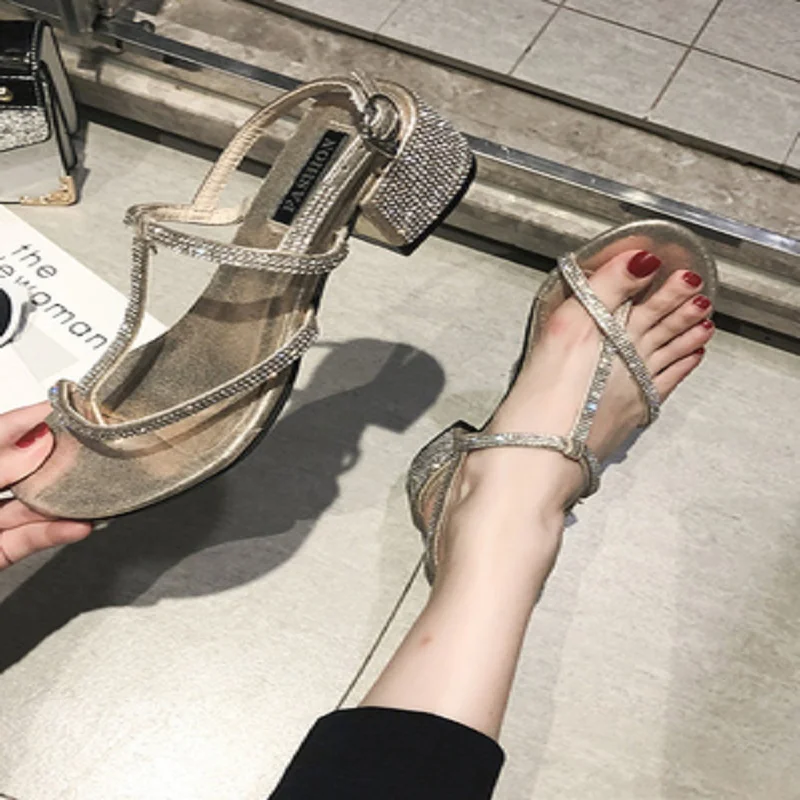 

Net red high heels female fairy wind 2019 summer new rhinestone thick with high heels toe wild Roman shoes