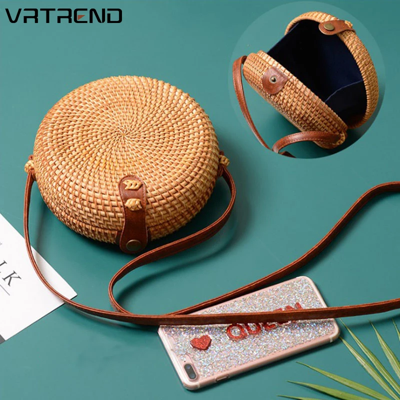 

VRTREND Handmade Woven Rattan Bag Women Straw Bag Circular Beach Tote Summer Bali Knitting Shoulder Tote Bolsa Feminina