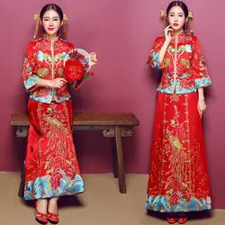 Красный китайский для женщин элегантные свадебные Cheongsam винтаж Азиатский платье невесты Вышивка Феникс и цветок Qipao Восточный брак костюм