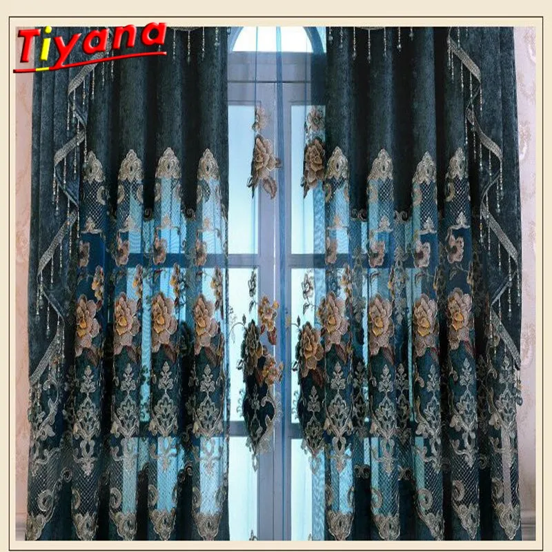 

On sale ! Curtains Luxury For Living Room Floral Tulle +Blackout Curtain Window Treatment/drape In Blue Free shipping Su358 *30