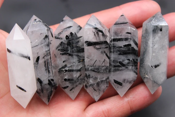 

132 grams of natural quartz crystal black tourmaline double pointed wand to heal 5PCS