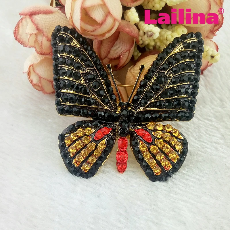 

100pcs/lot gold tone black yellow butterfly rhinestone brooches pins, animal insect brooch women jewelry accessories