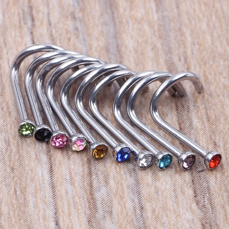 JUNLOWPY Stainless Steel crystal Nose Rings And Studs Eyebrow Labret Ear Bars Body jewelry 100pcs/lot mix 10color Piercing Nose