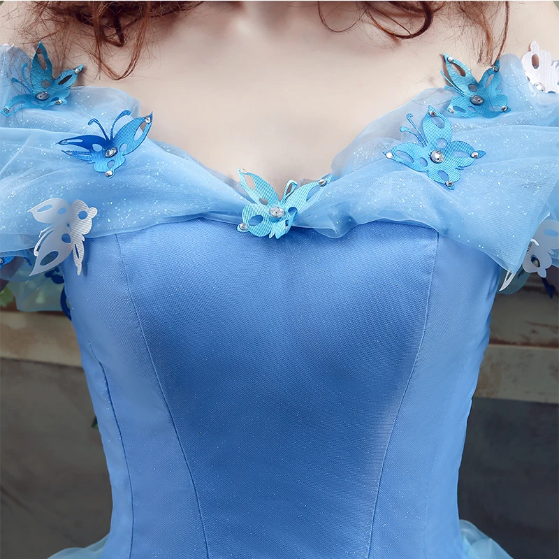Горячая Фея Vestidos De Dulces 16 Бальные платья светильник синий с открытыми плечами с бабочкой Многоуровневая органза пушистые Бальные платья