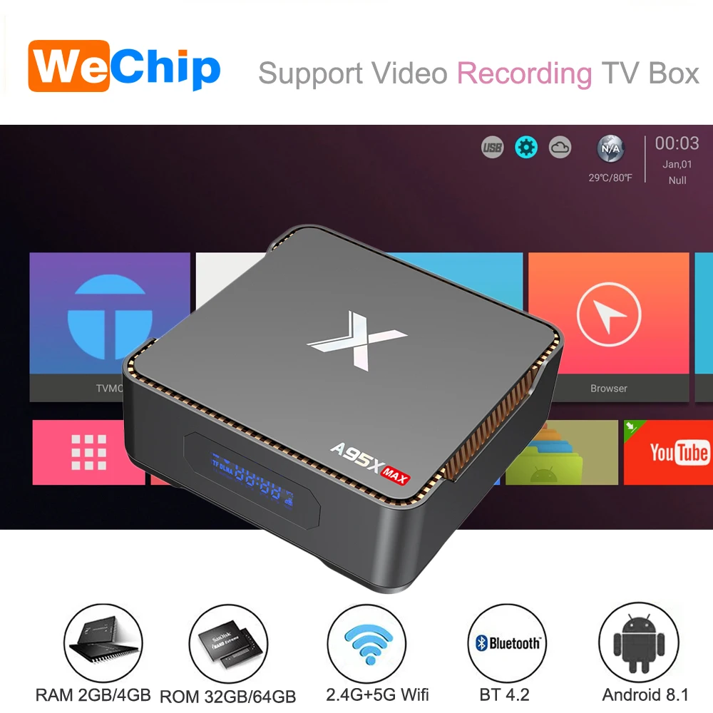 

A95X MAX Smart Android 8.1 TV Box 4G 64G S905X2 2.4G+5G Wifi BT 4.2 1000M 2G 32G 4K Media Player Support Video Recording Ott Box