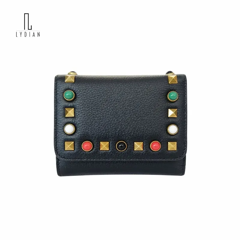 

2017 New Europe Style Big Rivets Soft Leather Short Wallet Female Three Fold Natural Head Layer Cowhide Wallet Cute Green Purses