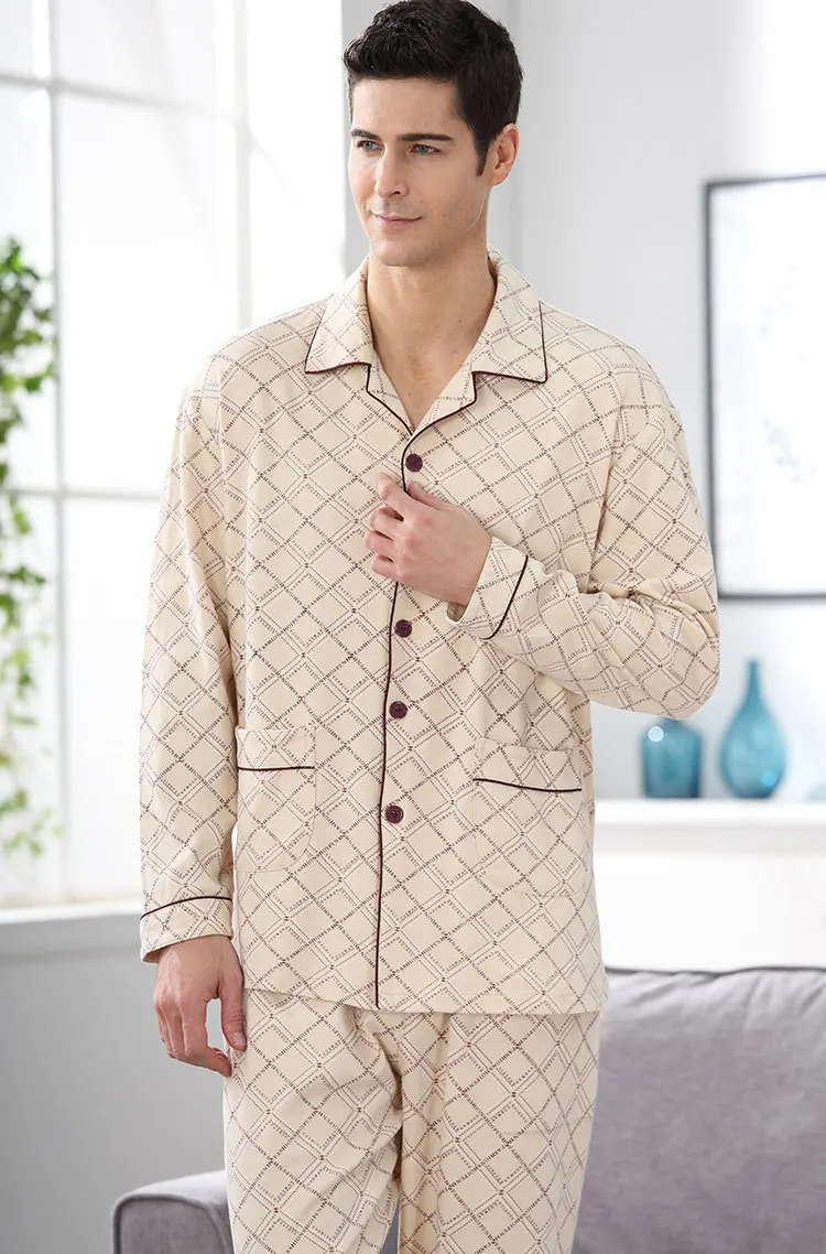 CherLemon Весна-осень уютный новый пижамы Для мужчин's 2 шт. длинный вязаный хлопок сна пижамный комплект мужской досуг плед пижамы плюс Размеры