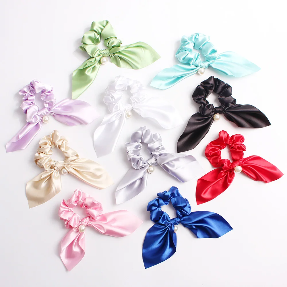 

For Women New Pure Color Rabbit Ears Bowknot Pearls Hair Rope Silk Satin Ponytail Scrunchies Girls Fashion Hair Accessories