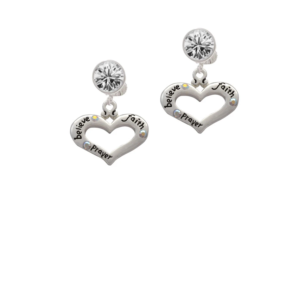 Heart with 3 AB Crystals - Believe Faith Prayer Crystal Clip On Earrings (1)