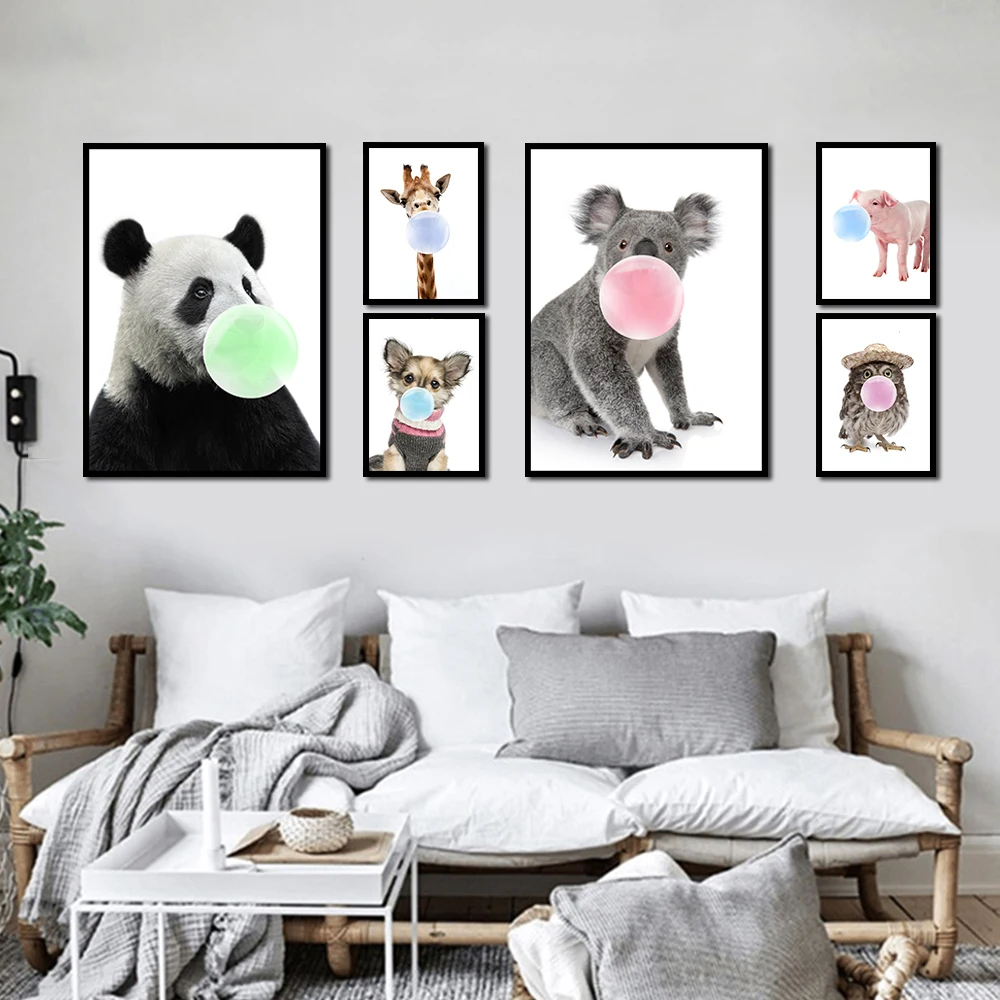 Скандинавская картина Kawaii животные пузыри Леопард Кот кролик на холсте