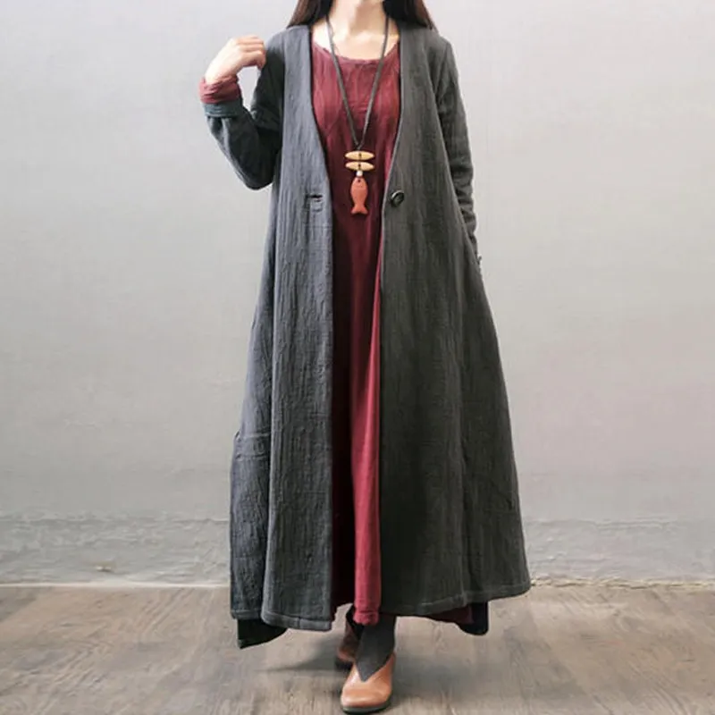 ZANZEA осеннее женское пальто с v-образным вырезом и длинным рукавом, хлопковое льняное пальто с открытой передней частью, длинная куртка, однотонный кардиган размера плюс