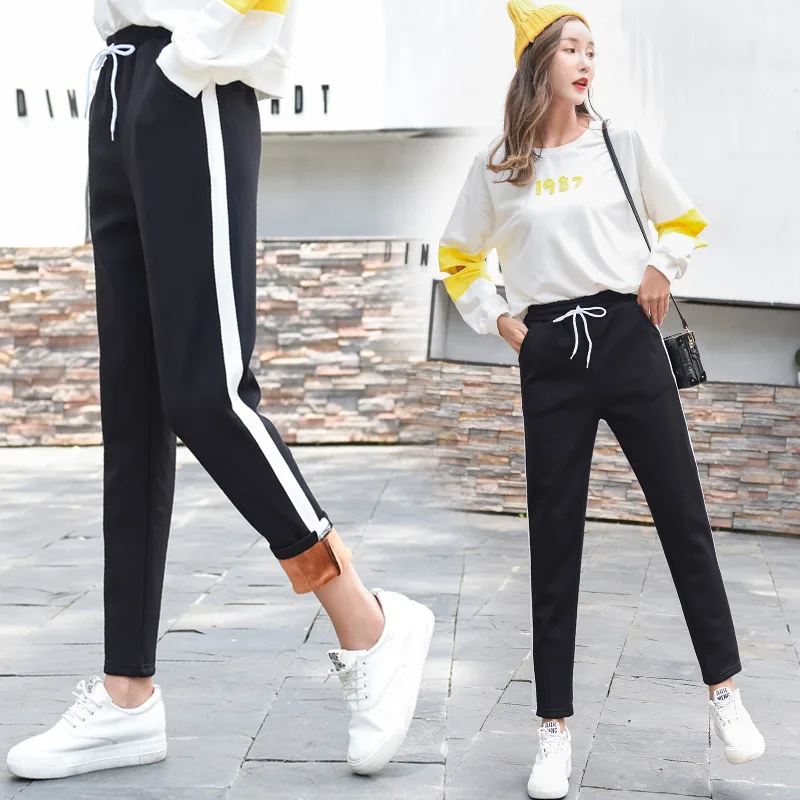 

High Waist Pants Women 2018 Casual Winter Wool Harem Pants Large Size Warm Trousers Thicker Elastic Waist Striped Women Pants