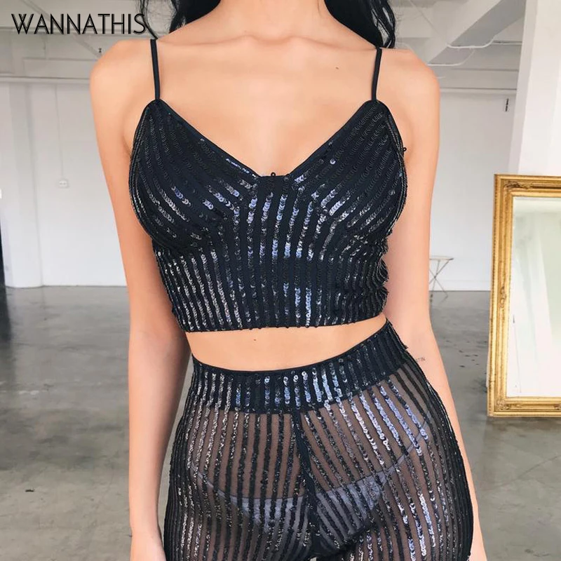 

WannaThis Stripe Sequin Camis Spagehttie Strap Sexy Women Summer Crop Tops Slim Bodycon Backless Tanks Top Shinny Fashion Famale