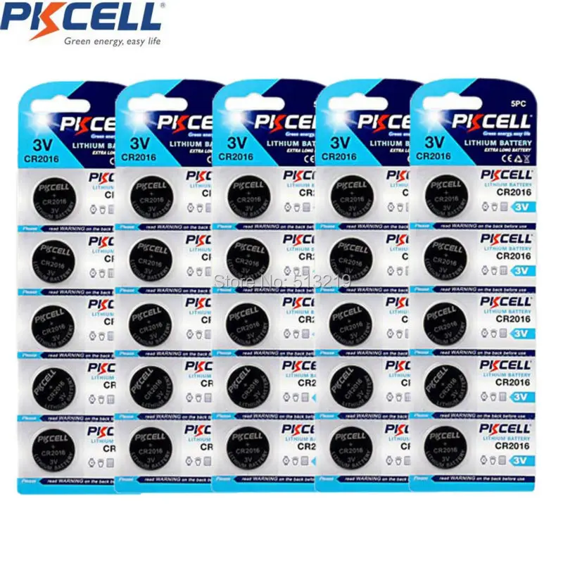 

25Pcs/5card PKCELL CR2016 2016 DL2016 3V Lithium Button Battery ECR2016 20*1.6MM Diameters